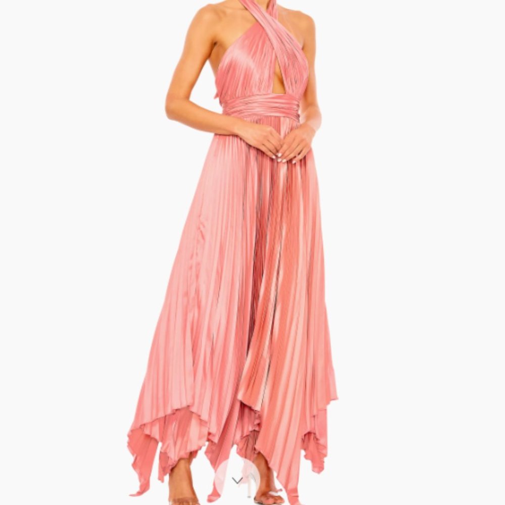 Ieena By Mac Duggal - Pleated Satin Halter Neck Gown